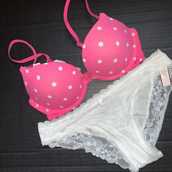 Gilly Hicks 32C BRA SET Victoria's Secret XS panty HOT PINK white lace Polka dot - Picture 1 of 6